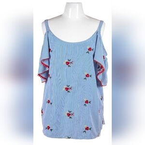NWT "Grand & Greene" Brand Blue Striped Top with Floral Accents